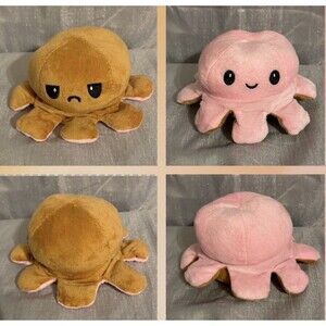 Reversible Octopus Plush Toy Mood Flip Happy Pink/ Angry Brown - 6x4 Emotion